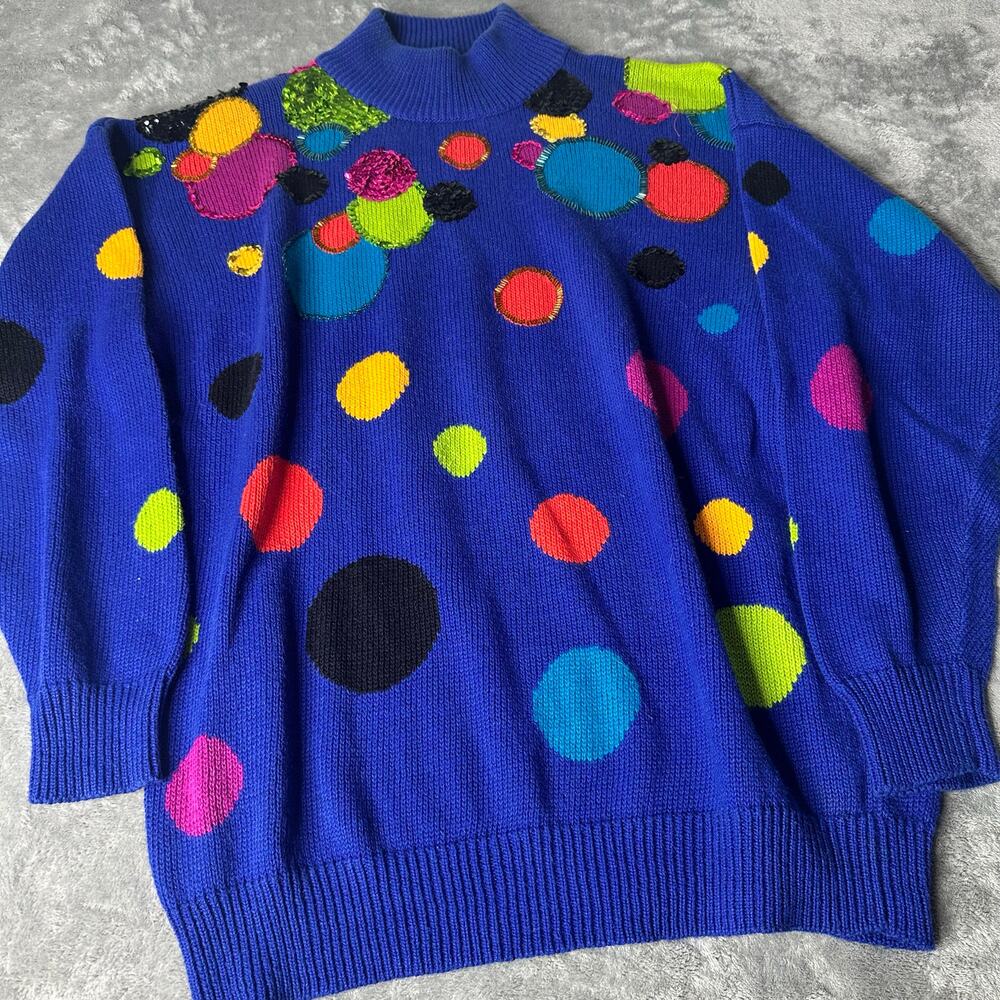 Women’s Vintage Artsy Turtleneck Blue Multicolor Dot Sparkle Knit Sweater Size M